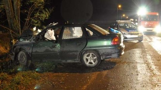 Wypadł z drogi i uderzył w drzewo. Nie żyje 22-letni kierowca i 20-letni pasażer