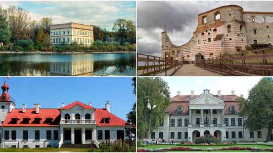 Kolaż przedstawiający cztery zabytki województwa lubelskiego: pałac w Czemiernikach, ruiny zamku w Janowcu, pałac w Czumowie oraz pałac Zamoyskich w Kozłówce – jedne z najcenniejszych historycznych rezydencji regionu.
