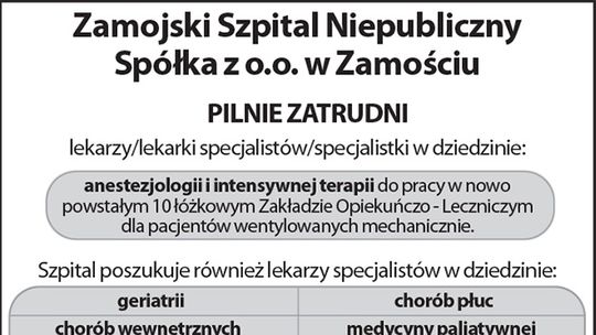 Zamojski Szpital zatrudni lekarzy
