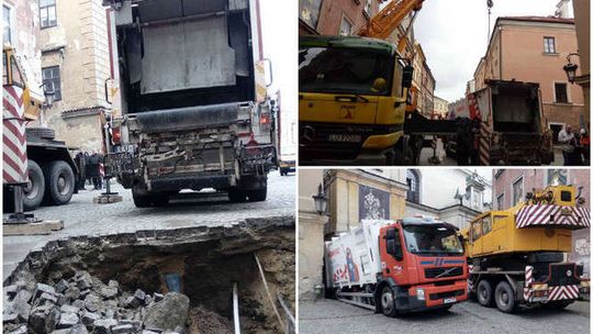 Zapadła się jezdnia na Starym Mieście. Śmieciarka wpadła w dziurę