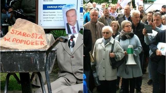 "Ze szpitala zostanie tylko kamieni kupa". Na proteście kukły członków zarządu i taczka dla starosty