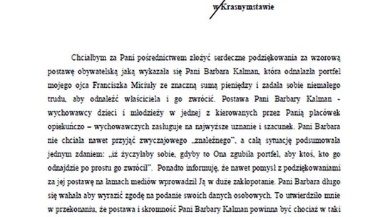 Znalazła portfel z pieniędzmi, nie chciała znaleźnego. List z podziękowaniami