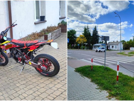 Motorower i przejście dla pieszych w Tomaszowie Lubelskim, gdzie kierujący jednośladem potrącił pieszą na pasach.