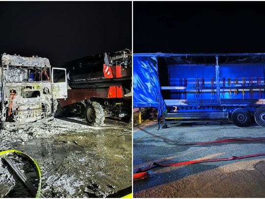 Nocny pożar ciężarówek i kombajnu zbożowego Nocny pożar ciężarówek i kombajnu zbożowego