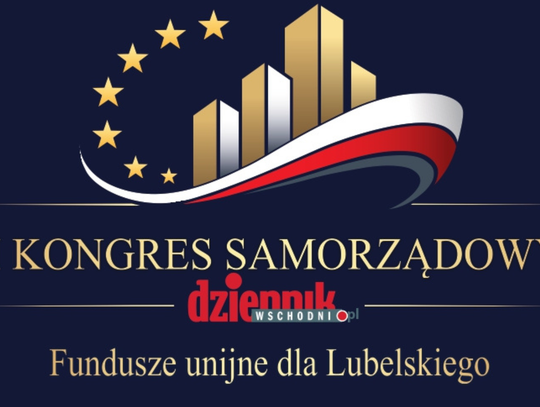 Logo II Kongresu Samorządowego Dziennika Wschodniego dotyczącego funduszy unijnych dla Lubelskiego – grafika z gwiazdami UE, nowoczesnymi budynkami i biało-czerwonym motywem na granatowym tle.