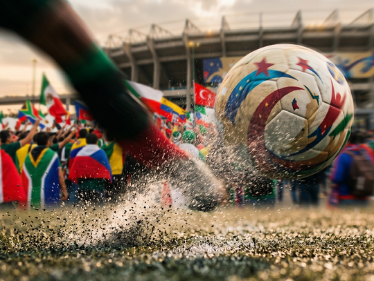 Dynamiczne zbliżenie na uderzenie piłki nożnej na murawie stadionu w trakcie meczu, z rozpryskiem wody i tłumem kibiców w tle