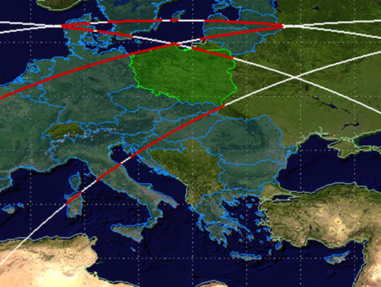 Mapa trajektorii przelotu satelitów nad Europą