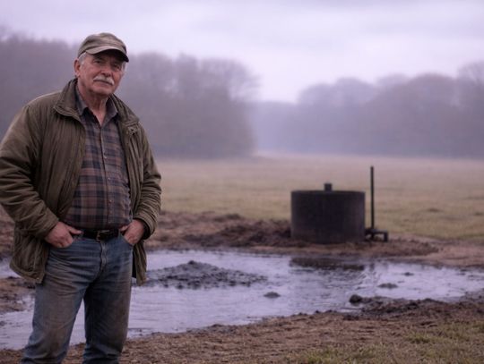 Pan Wiesław, rolnik z Samoklęsk na tle złoża ropy naftowej odkrytego na swoim polu