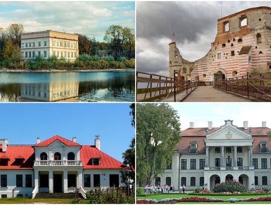 Kolaż przedstawiający cztery zabytki województwa lubelskiego: pałac w Czemiernikach, ruiny zamku w Janowcu, pałac w Czumowie oraz pałac Zamoyskich w Kozłówce – jedne z najcenniejszych historycznych rezydencji regionu.