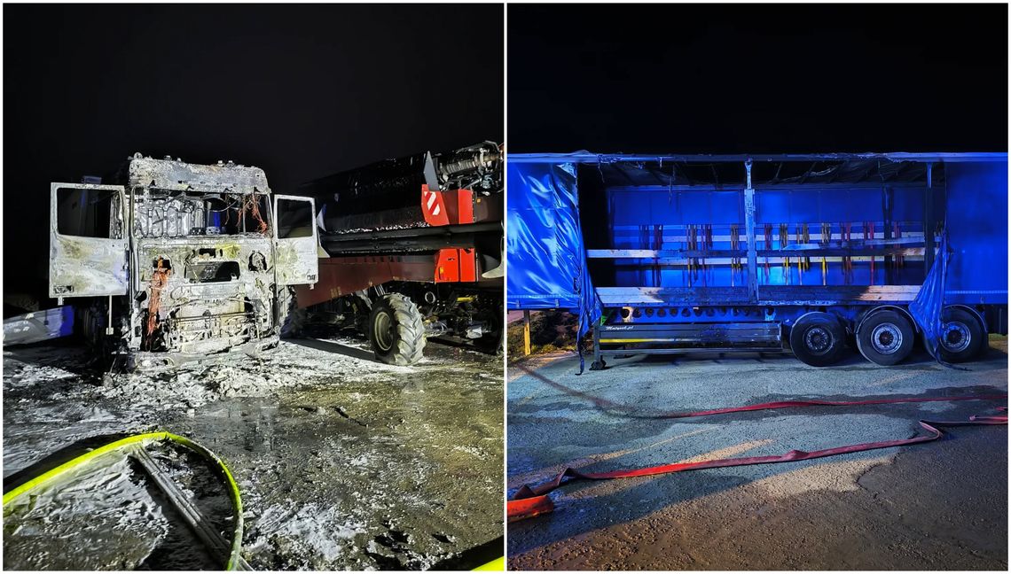 Nocny pożar ciężarówek i kombajnu zbożowego Nocny pożar ciężarówek i kombajnu zbożowego