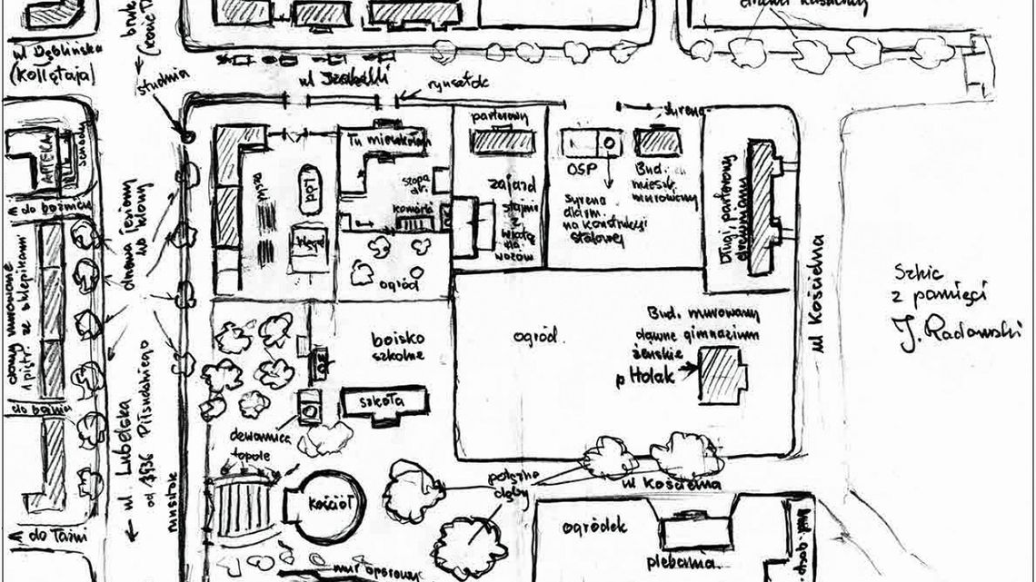 Apteka, bożnica, drzewo, dom, ogród, plebania. Przedwojenna mapa Puław rysowana z pamięci