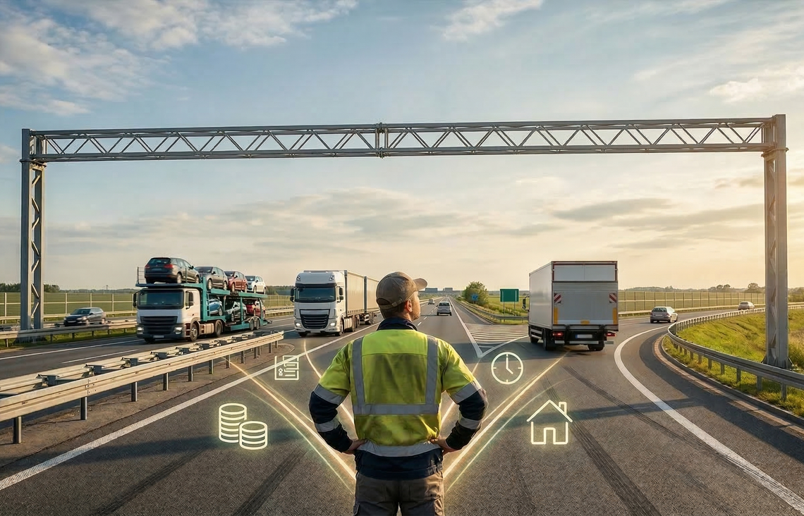 BDF, solówka czy autotransporter — który typ pojazdu daje najlepsze oferty pracy? Kierowca w kamizelce odblaskowej stoi tyłem na rozwidleniu autostrady pod pustą bramą. Przed nim jadą autotransporter i solówka. Holograficzne ikony monet, zegara, domu i dokumentów symbolizują rozważanie opłacalności i warunków pracy na różnych typach pojazdów.