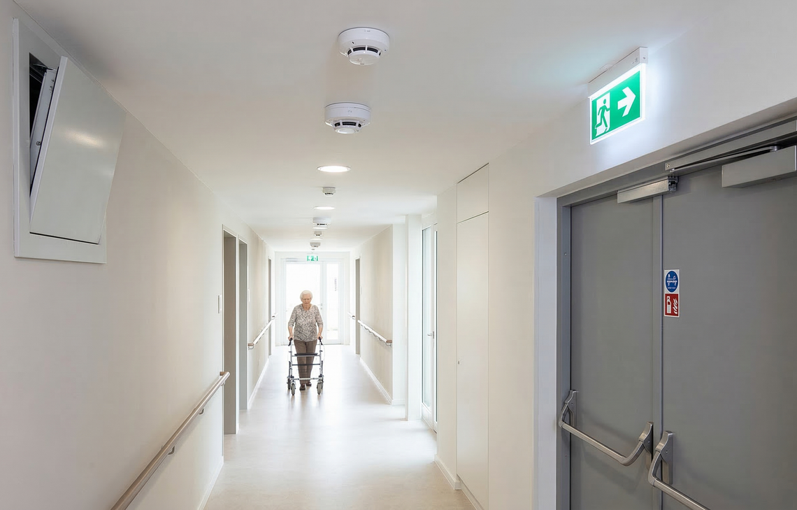 Jasny korytarz w domu opieki z poręczami po obu stronach. Starsza kobieta o balkonik idzie w stronę widza. Na suficie widać czujki dymu. Na lewej ścianie zamontowano dużą klapę systemu oddymiania, a po prawej znajdują się szare drzwi przeciwpożarowe ze świecącym znakiem ewakuacyjnym.