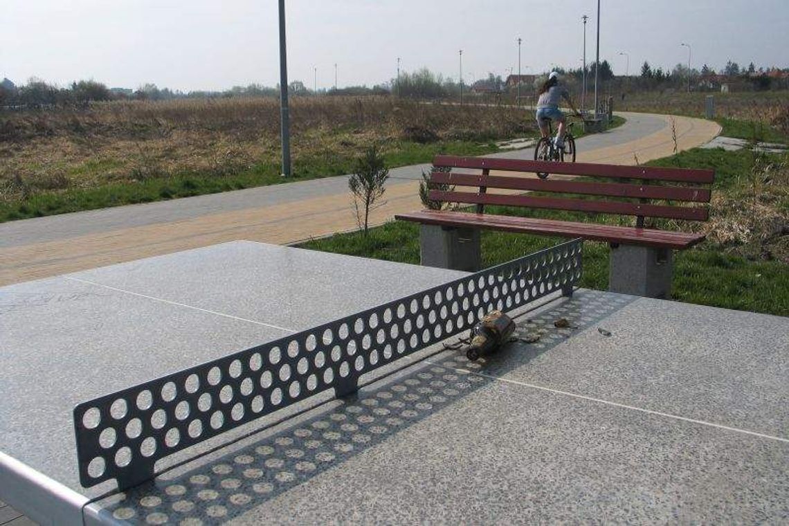 Bulwar nad Uherką: Stojak na rowery na drzewie, wyrwane ławki