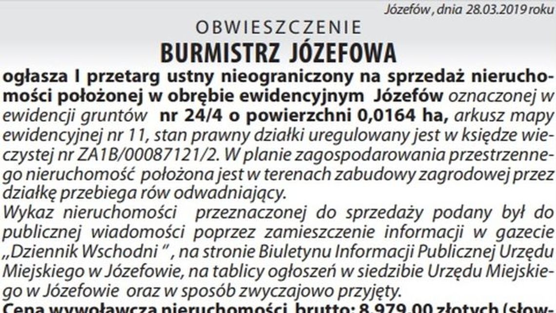 Burmistrz Józefowa ogłasza przetarg Burmistrz Józefowa ogłasza przetarg