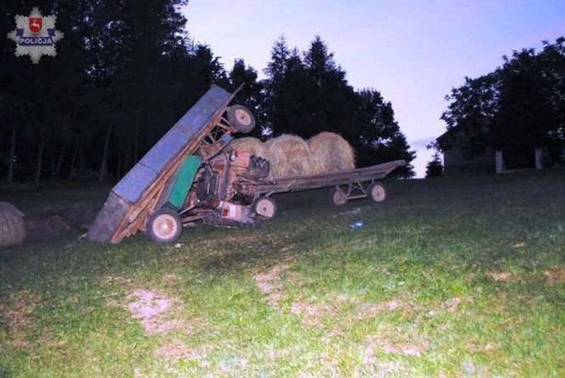 Ciągnik wywrócił się, przyczepa zgniotła kabinę. Rolnik w szpitalu