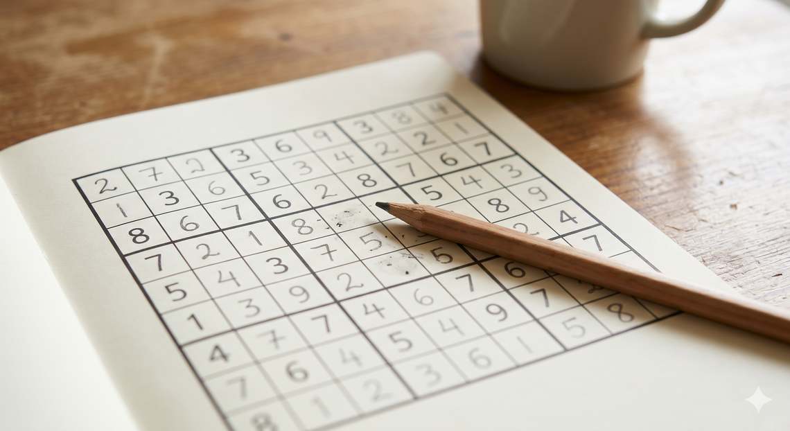 Zbliżenie na papierową planszę do sudoku leżącą na drewnianym stole, z ołówkiem opartym o siatkę z cyframi. W tle widoczny rozmyty jasny kubek.