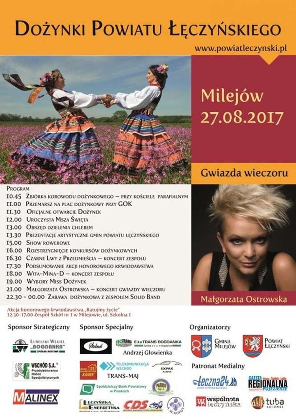 Dożynki powiatu łęczyńskiego 2017 w Milejowie. Program