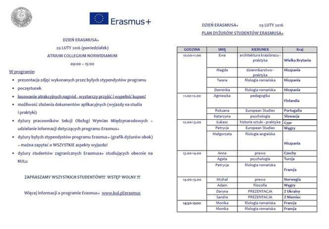 Dzień Erasmusa+ w poniedziałek na KUL Dzień Erasmusa+ w poniedziałek na KUL