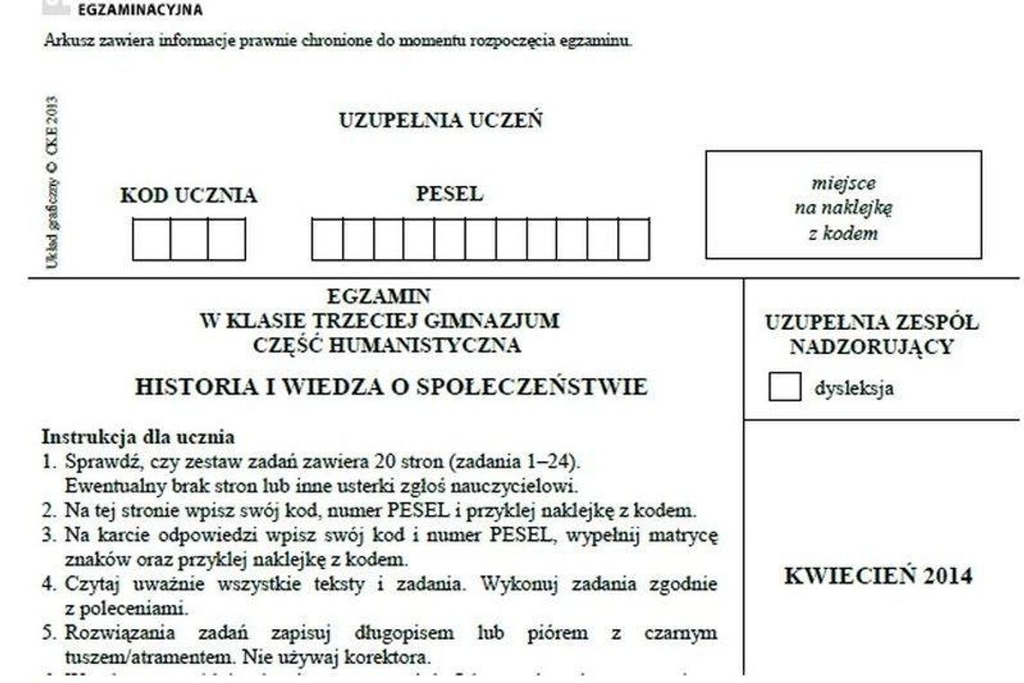 Egzamin gimnazjalny 2014: polski historia wos odpowiedzi arkusz test (pdf)