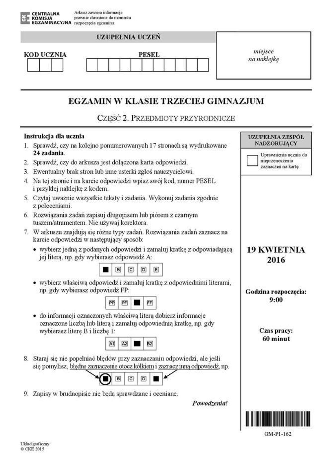 Egzamin gimnazjalny 2016: matematyka i przyroda. ODPOWIEDZI, ARKUSZE, PRZECIEKI