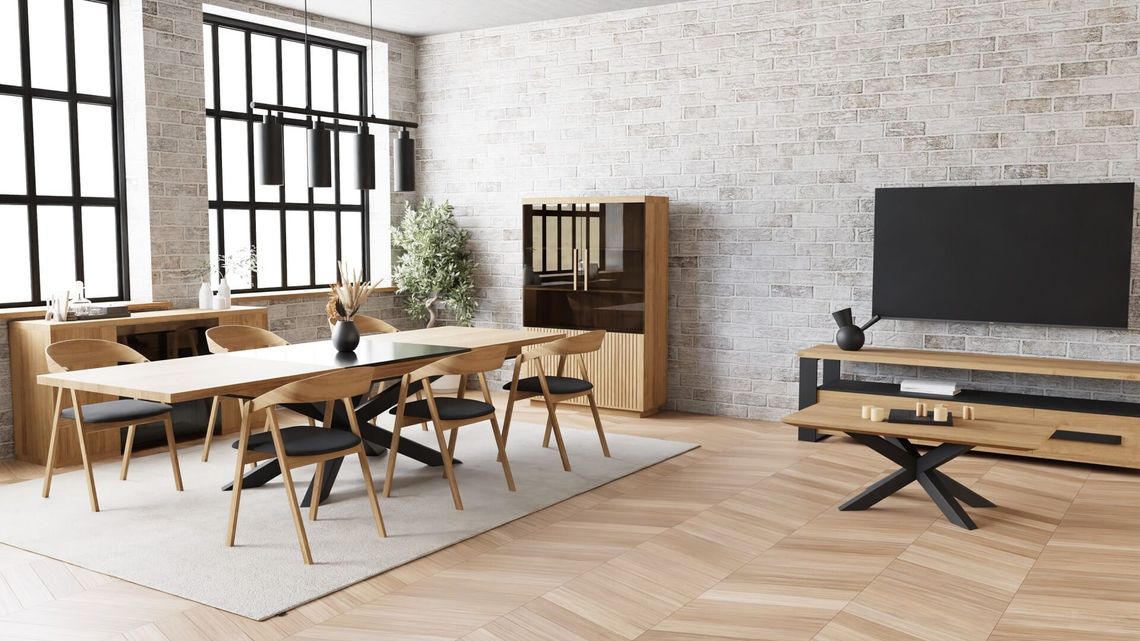 Jak polski producent tworzy unikatowe meble z litego drewna? Poznaj markę Xmasterwood Nowoczesny salon w stylu loftowym z drewnianymi meblami od Xmasterwood