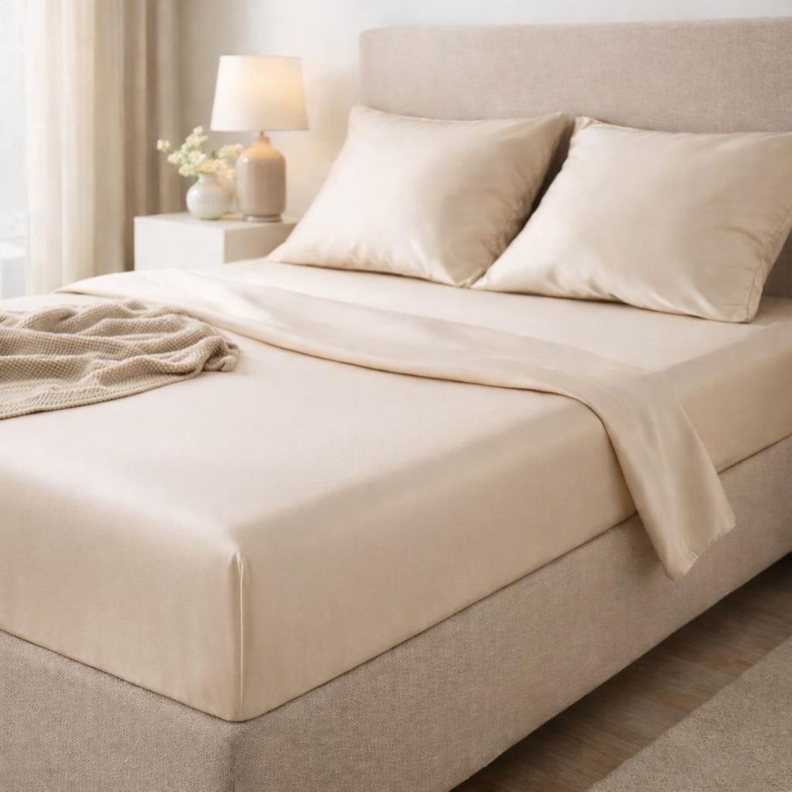 Jasna sypialnia z dopasowanym prześcieradłem na łóżku