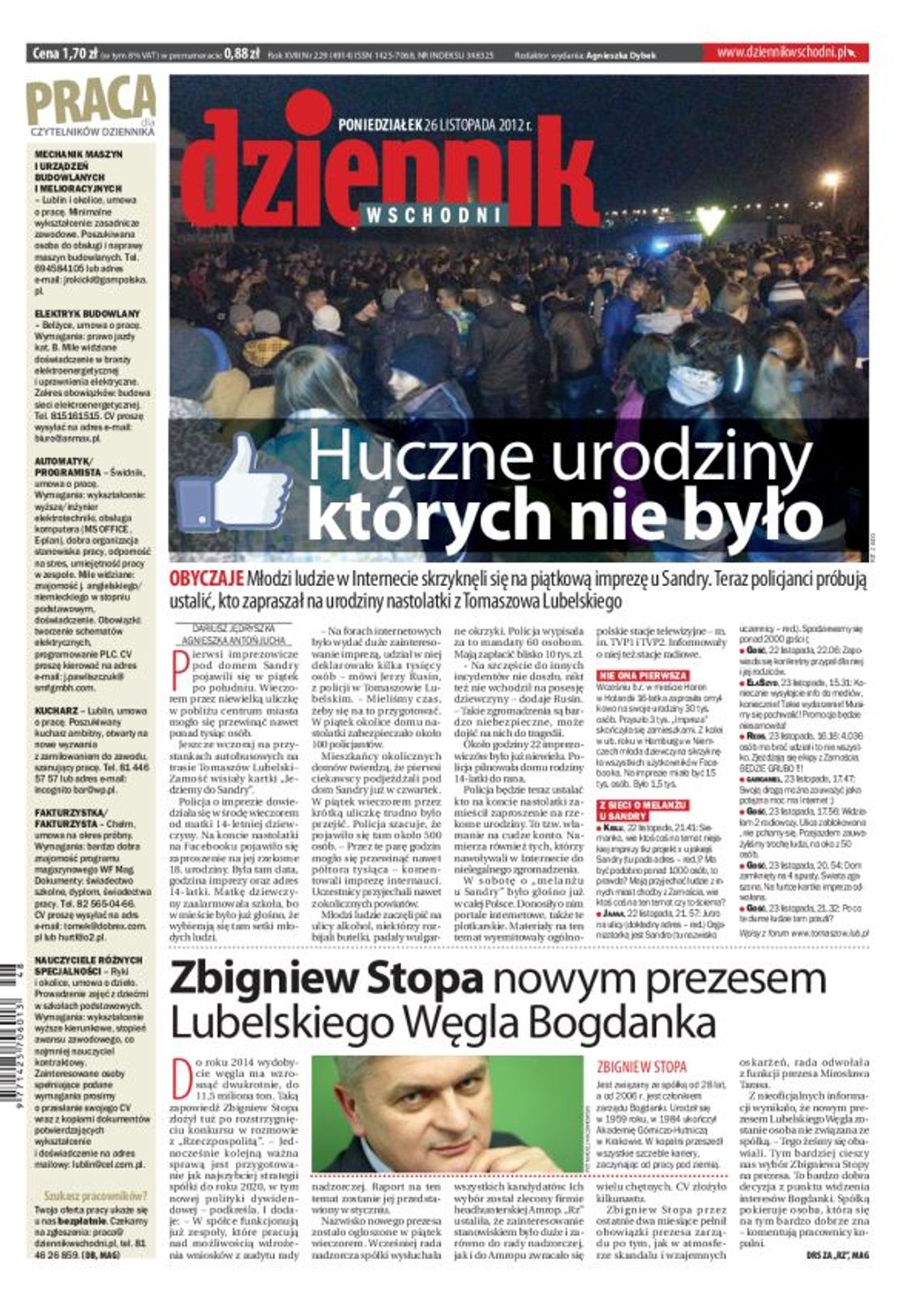 Jedynka Dziennika Wschodniego z 26 listopada 2012