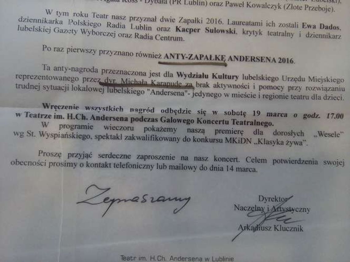 Jeszcze jeden gest dyrektora Klucznika. Teatr Andersena daje anty-nagrodę Jeszcze jeden gest dyrektora Klucznika. Teatr Andersena daje anty-nagrodę