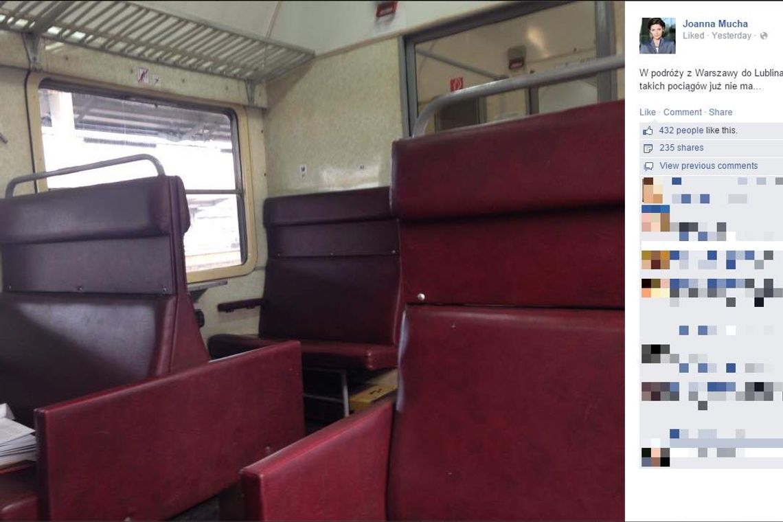 Joanna Mucha zdziwiona burzą po jej wpisie z pociągu na Facebooku