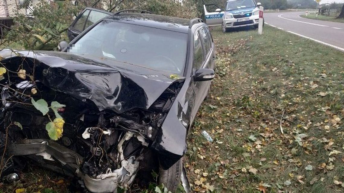 Koło Lublina mercedes wypadł z drogi, uderzył w ogrodzenie i zatrzymał się na drzewie Koło Lublina mercedes wypadł z drogi, uderzył w ogrodzenie i zatrzymał się na drzewie