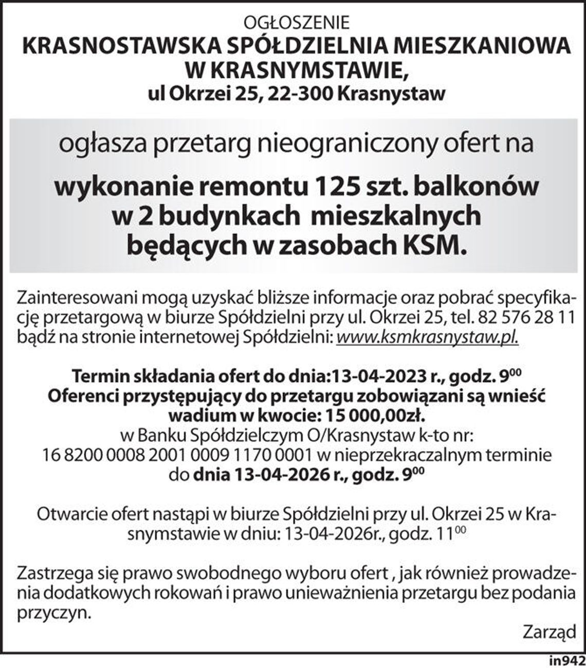 Krasnostawska Spółdzielnia Mieszkaniowa ogłasza przetarg na remont 125 balkonów