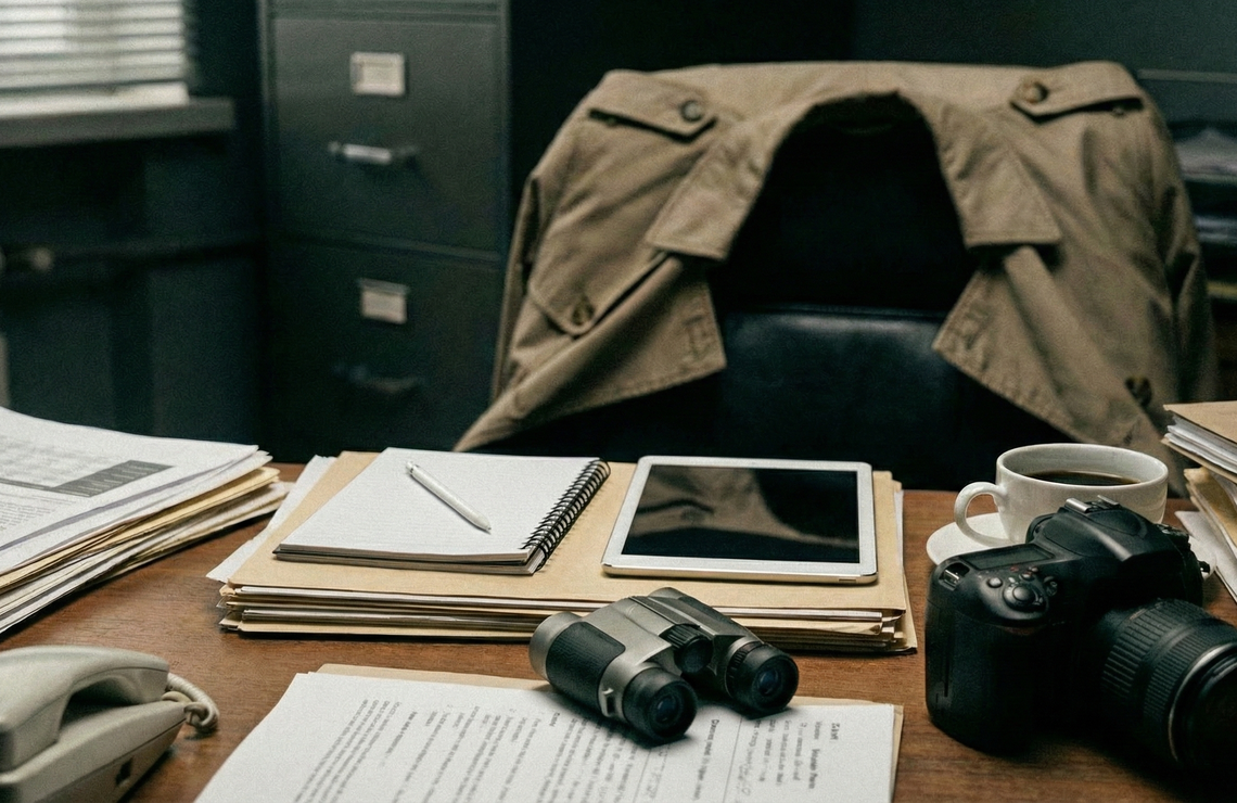 Biurko w biurze detektywistycznym: profesjonalny aparat, lornetka, tablet i stosy akt sprawy.