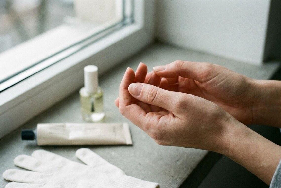 Łamliwe paznokcie zimą: 7 codziennych nawyków, które osłabiają płytkę Zbliżenie na osłabiony paznokieć i codzienne akcesoria pielęgnacyjne używane przy łamliwej płytce.