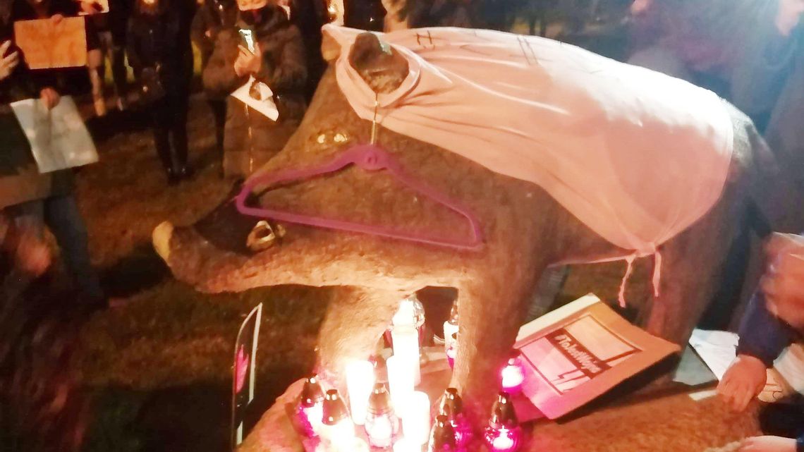 Łęczyński dzik z wieszakiem i w maseczce z piorunem. Protest kobiet