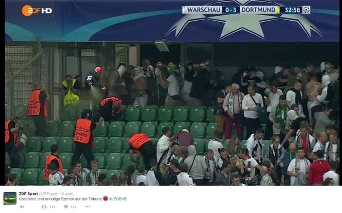 Legia-Borussia. Zadyma na stadionie, pseudokibice atakują ochronę (wideo)
