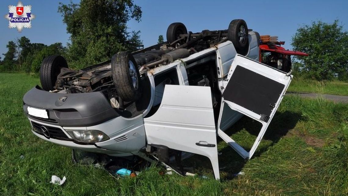 Łoś wbiegł na drogę, bus dachował