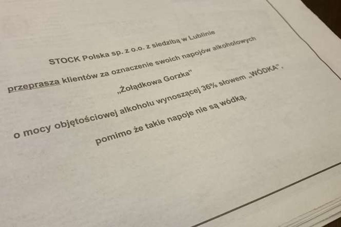 Lubelski Stock musi przepraszać klientów za "wódkę Żołądkową Gorzką"