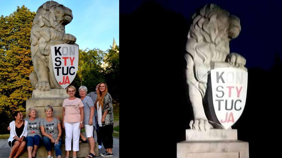 Lublin: Pomnik lwa z tarczą z napisem "Konstytucja"
