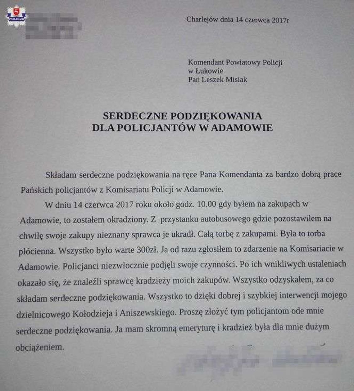 "Mam skromną emeryturę i kradzież była dla mnie obciążeniem". 80-latek dziękuje policjantom "Mam skromną emeryturę i kradzież była dla mnie obciążeniem". 80-latek dziękuje policjantom