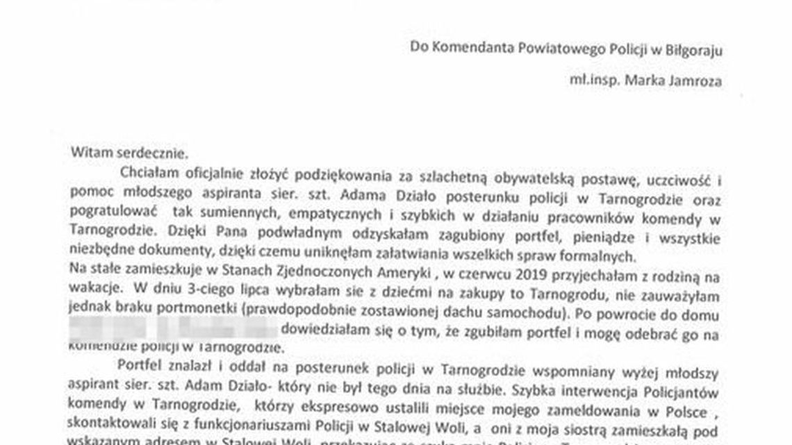 Mieszkanka New Jersey w USA dziękuje policjantom z Tarnogrodu