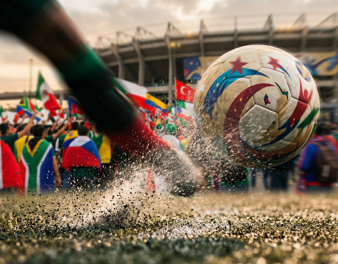 Mistrzostwa świata 2026 – terminarz i wyniki Dynamiczne zbliżenie na uderzenie piłki nożnej na murawie stadionu w trakcie meczu, z rozpryskiem wody i tłumem kibiców w tle
