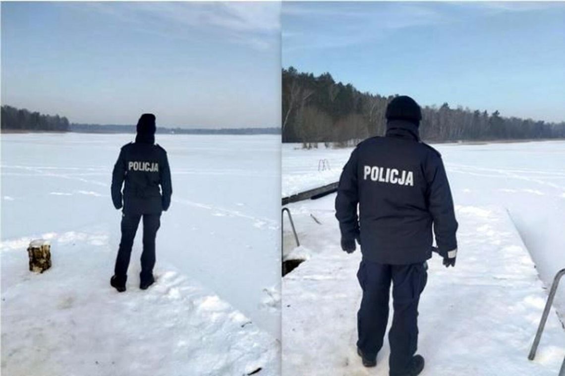 Mróz nie odpuszcza. Policjanci ruszyli z pomocą potrzebującym i ostrzegają przed wchodzeniem na lód Policja patroluje zamarznięte jezioro. Apel o ostrożność na lodzie