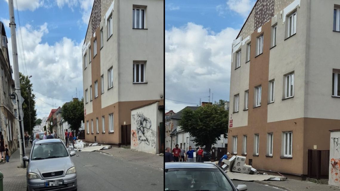 Na chodnik runęła część elewacji skarbówki. Miała zaledwie kilka lat 