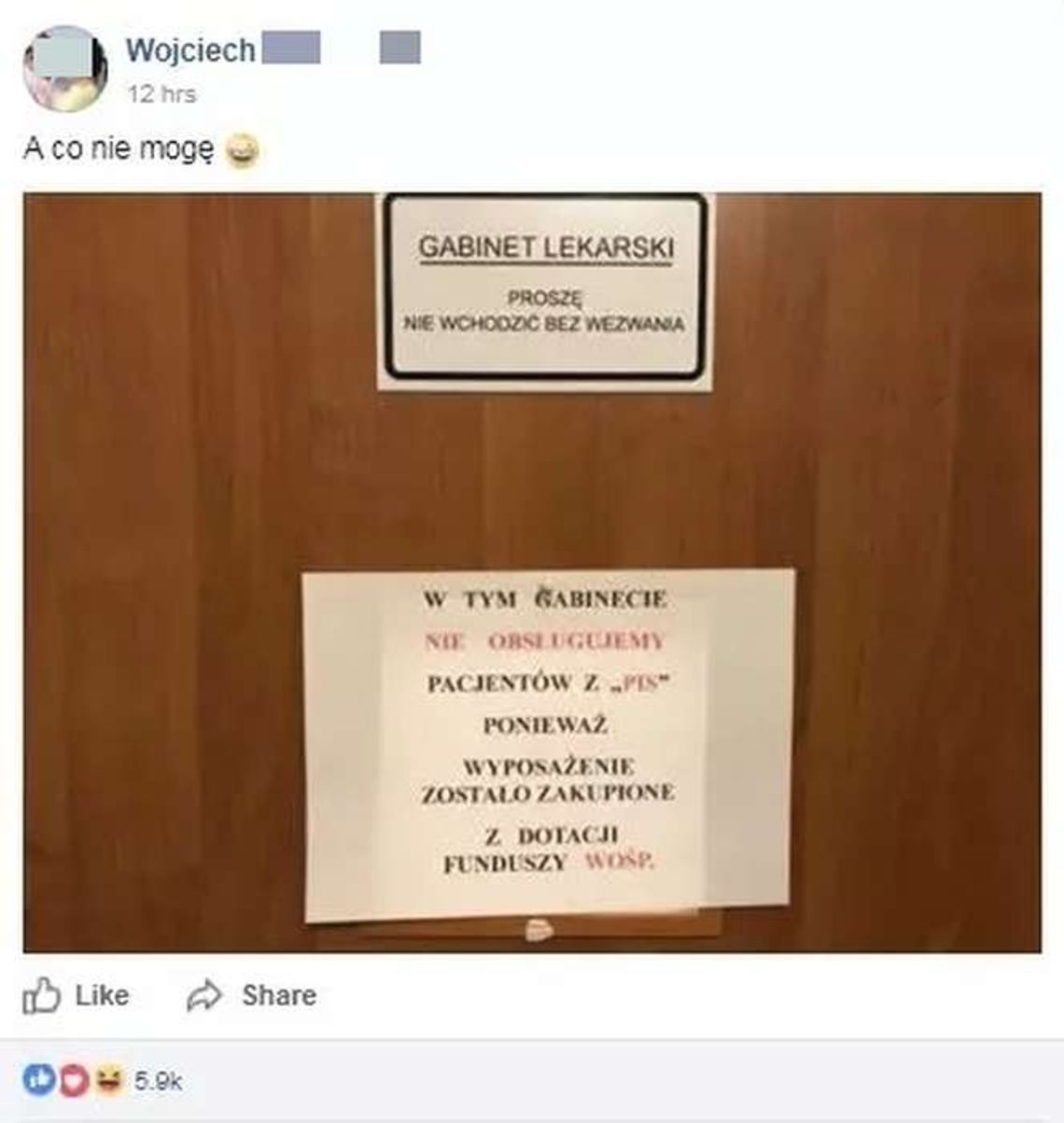 "Nie obsługujemy pacjentów z PiS". Kartka na drzwiach gabinetu lekarskiego "Nie obsługujemy pacjentów z PiS". Kartka na drzwiach gabinetu lekarskiego