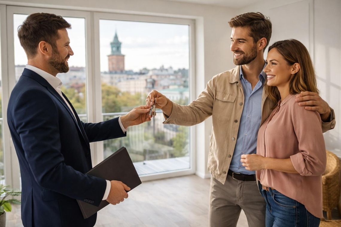 Agent nieruchomości wręcza klucze do nowego mieszkania uśmiechniętej parze w jasnym wnętrzu, w tle panorama Lublina za oknem.
