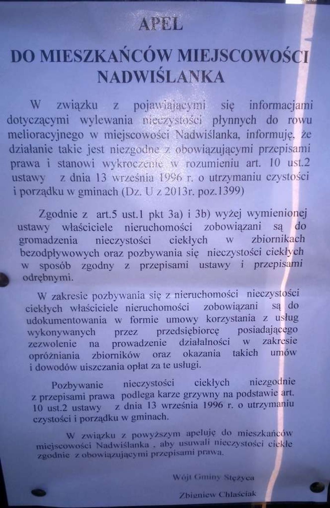 Nie wylewajcie nieczystości do rowu melioracyjnego! Wójt apeluje Nie wylewajcie nieczystości do rowu melioracyjnego! Wójt apeluje