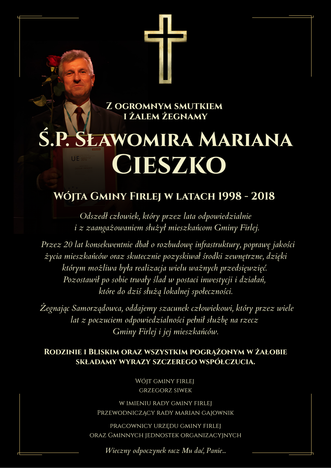 Nie żyje Sławomir Cieszko. Przez 20 lat był wójtem gminy Firlej Nie żyje Sławomir Cieszko. Przez 20 lat był wójtem gminy Firlej