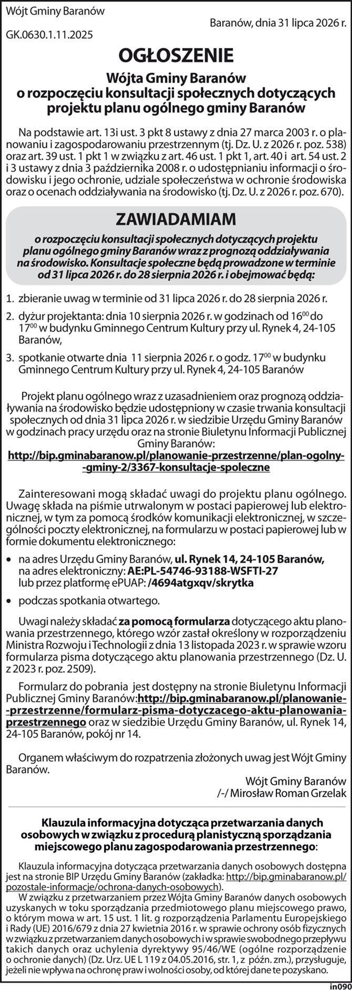 ogłoszenie Gminy Baranów ogłoszenie Gminy Baranów