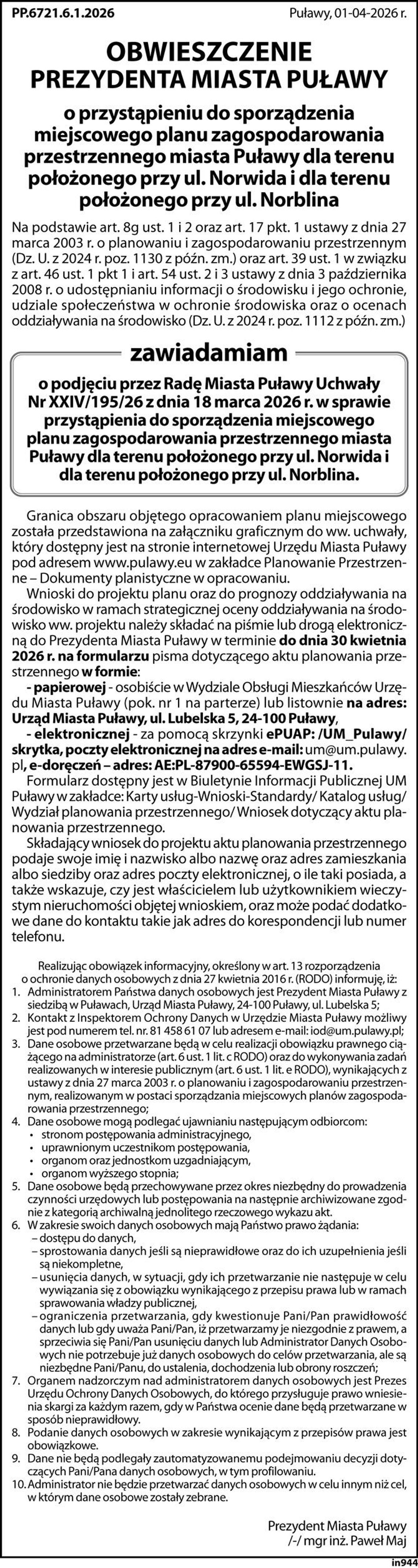 ogłoszenie Prezydenta Miasta Puławy